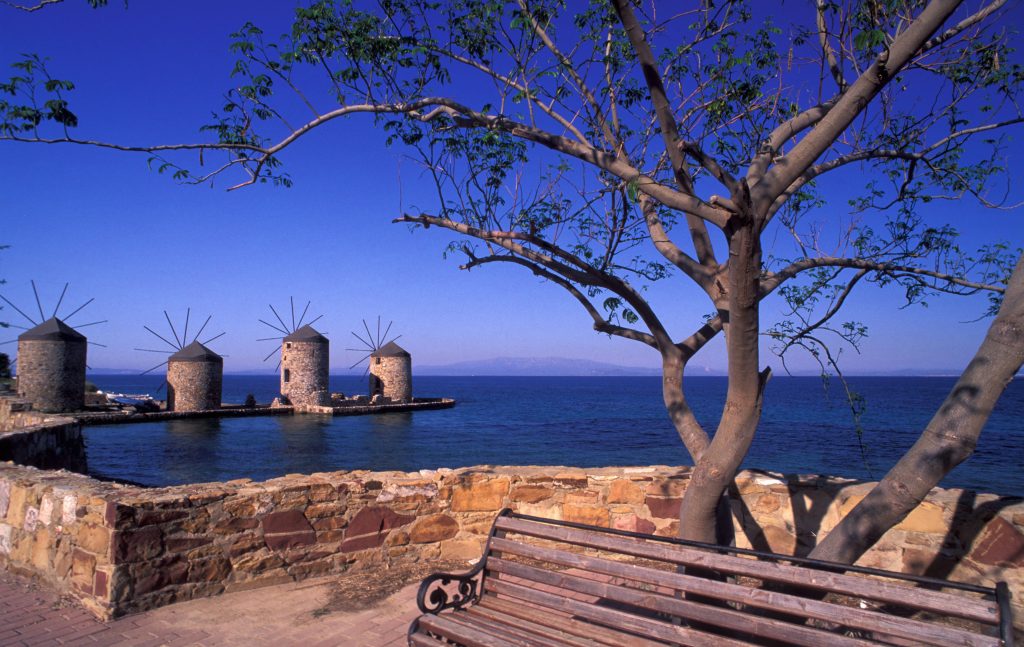 A6HW2G Vrontados view of windmills Chios N E Aegean Greece Clairy Moustafellou IML Image Group